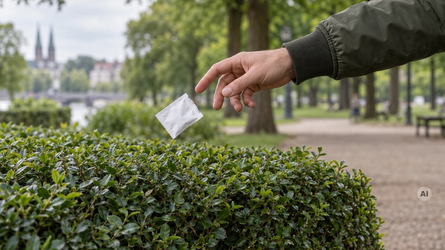 Eine Hand im Ärmel einer olivgrünen Jacke wirft im Park ein kleines weißes Tütchen über eine Hecke