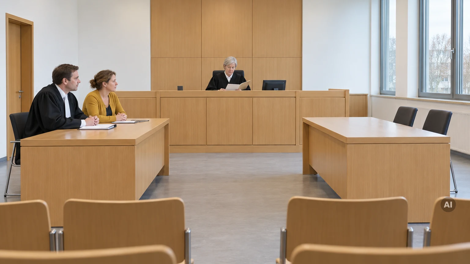 Gerichtssaal eines Amtsgerichts: Richterin am Richtertisch, links Klägerin mit Anwalt, der Tisch der Beklagtenseite rechts bleibt leer