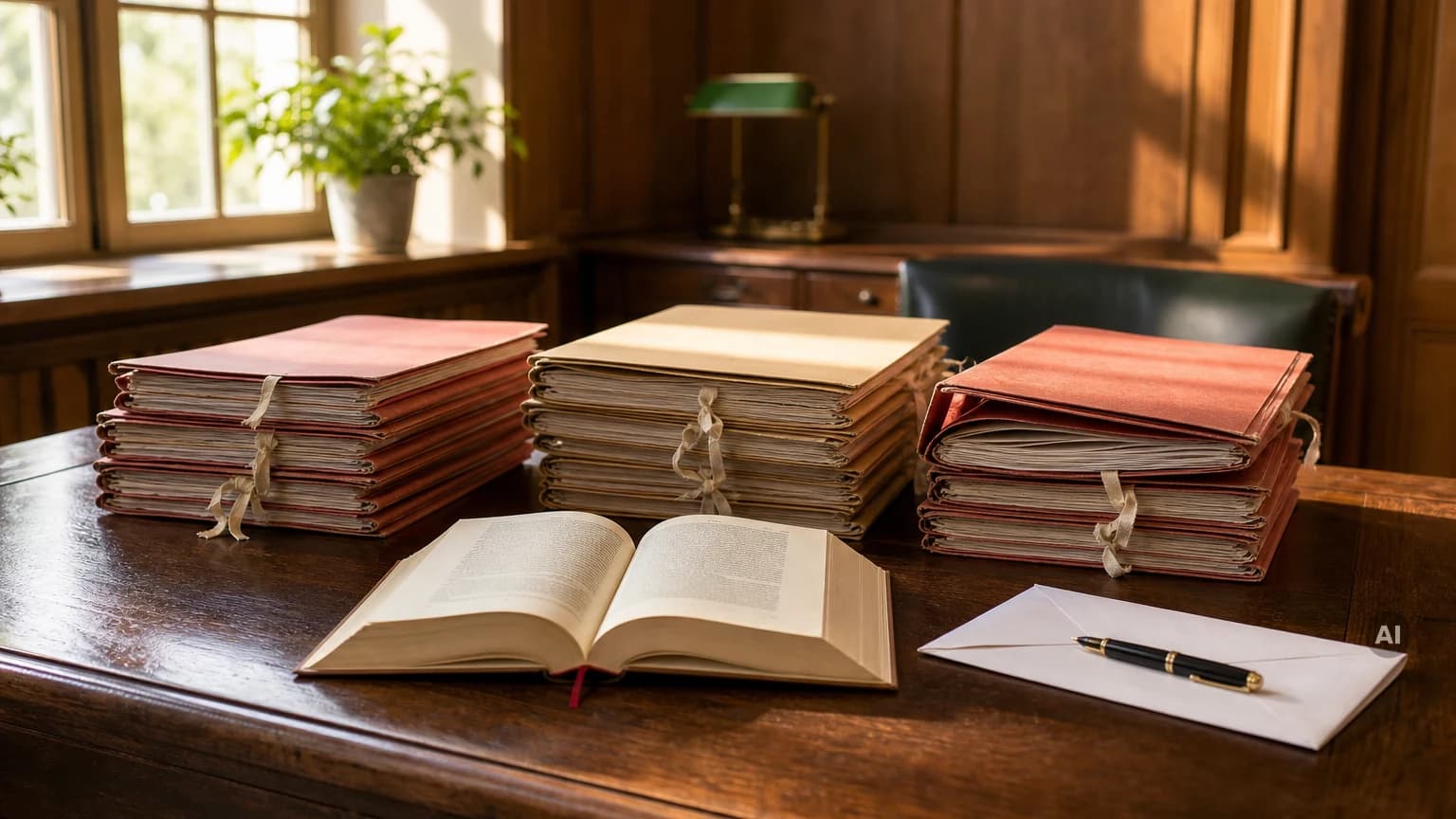 Schreibtisch mit gebündelten Aktenstapeln, einem aufgeschlagenen Gesetzbuch und einem Briefumschlag in einem holzvertäfelten Büro