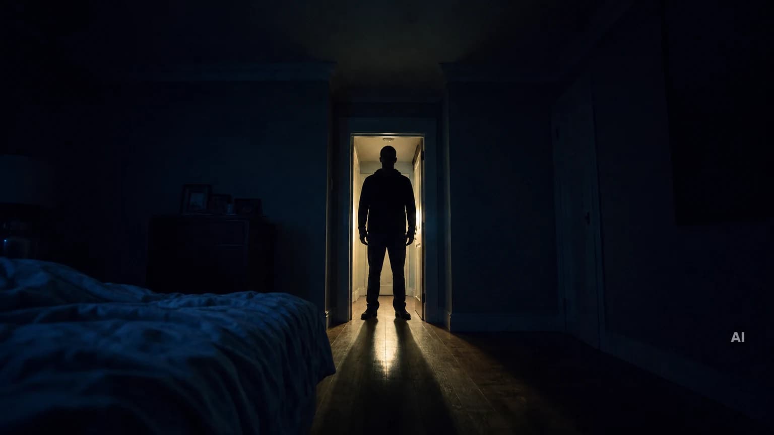 Dunkle Silhouette einer Person im Türrahmen eines nächtlichen Schlafzimmers, ein langer Lichtschatten fällt auf den Boden