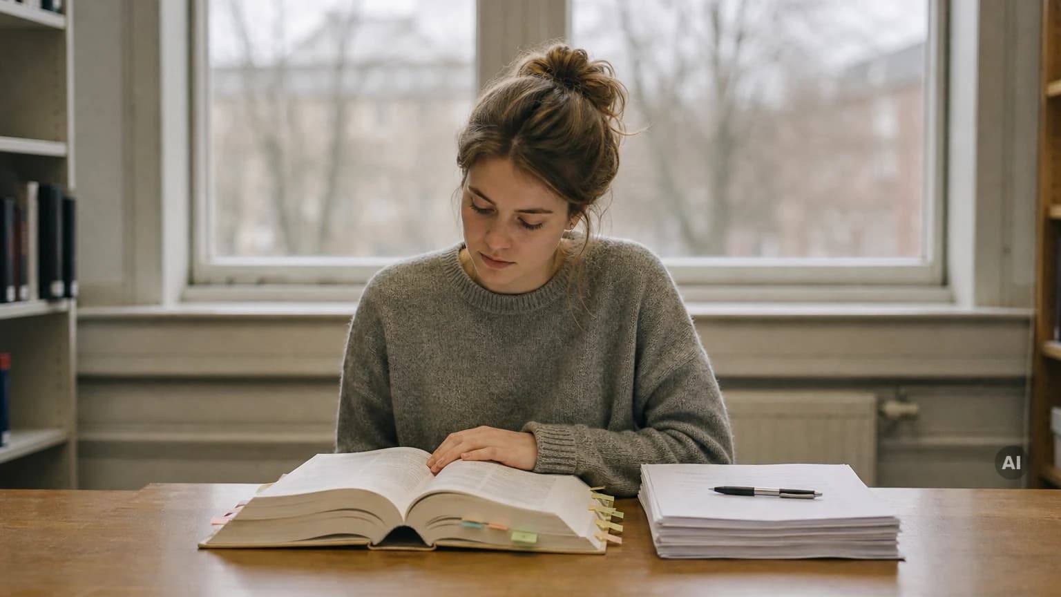 Studentin sitzt am Fenster einer Bibliothek und liest in einem aufgeschlagenen Gesetzband neben einem Stapel Unterlagen