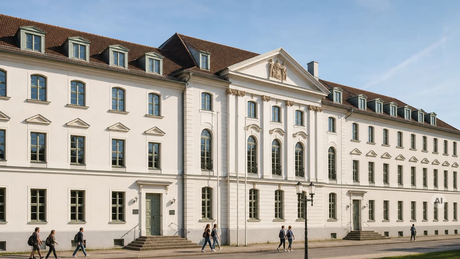 Klassizistisches Hauptgebäude der Universität Greifswald mit hellem Putz und Mittelgiebel, davor gehen Studierende vorbei