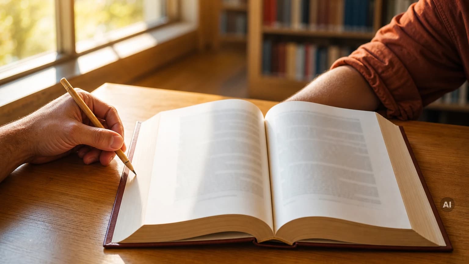 Hand mit Bleistift am breiten Rand eines aufgeschlagenen Gesetzbuchs auf einem Bibliothekstisch
