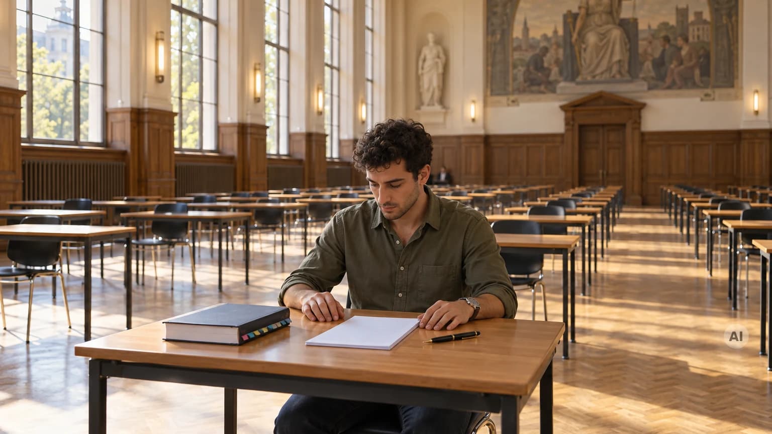 Student sitzt allein im leeren Prüfungssaal einer Universität vor einem unbeschriebenen Klausurbogen