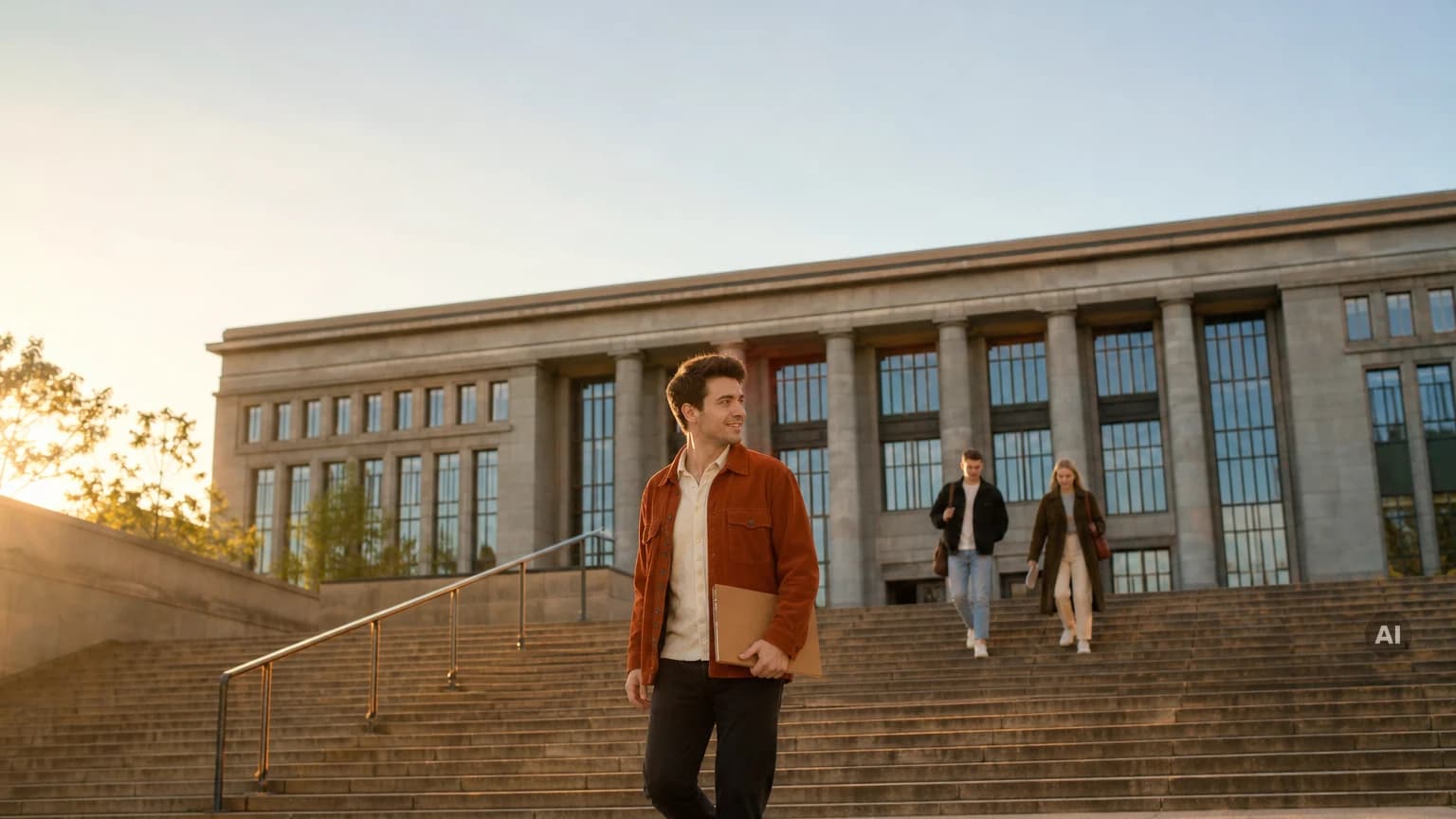 Junger Mann mit Aktenmappe geht die Treppe vor einem Universitätsgebäude hinunter und blickt im Abendlicht zurück