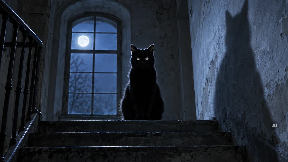 Schwarze Katze sitzt aufrecht am oberen Ende einer dunklen Steintreppe, von unten gesehen, kaltes Mondlicht aus dem Treppenhausfenster und ein großer Schatten an der Wand (KI-generiert)