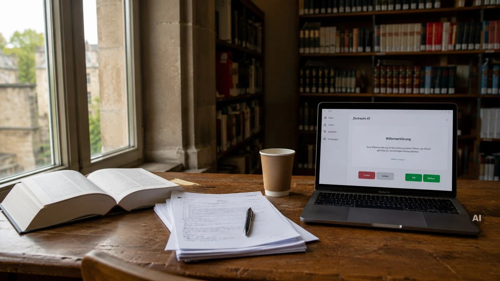 Bibliotheksarbeitsplatz mit aufgeschlagenem Gesetzbuch, Skriptstapel und Laptop mit digitalen Jura-Karteikarten