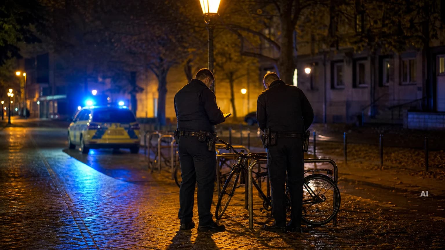 Zwei Polizeibeamte stehen nachts an einem Fahrradständer und notieren etwas, im Hintergrund ein Streifenwagen mit Blaulicht