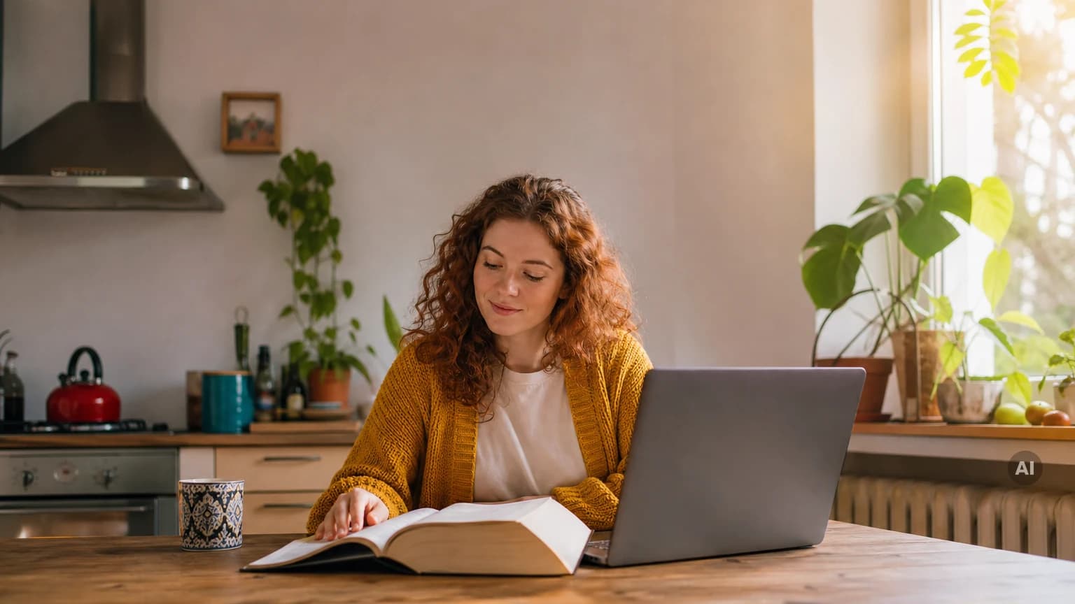 Studentin am Küchentisch schaut von ihrem Laptop weg auf ein aufgeschlagenes Gesetzbuch