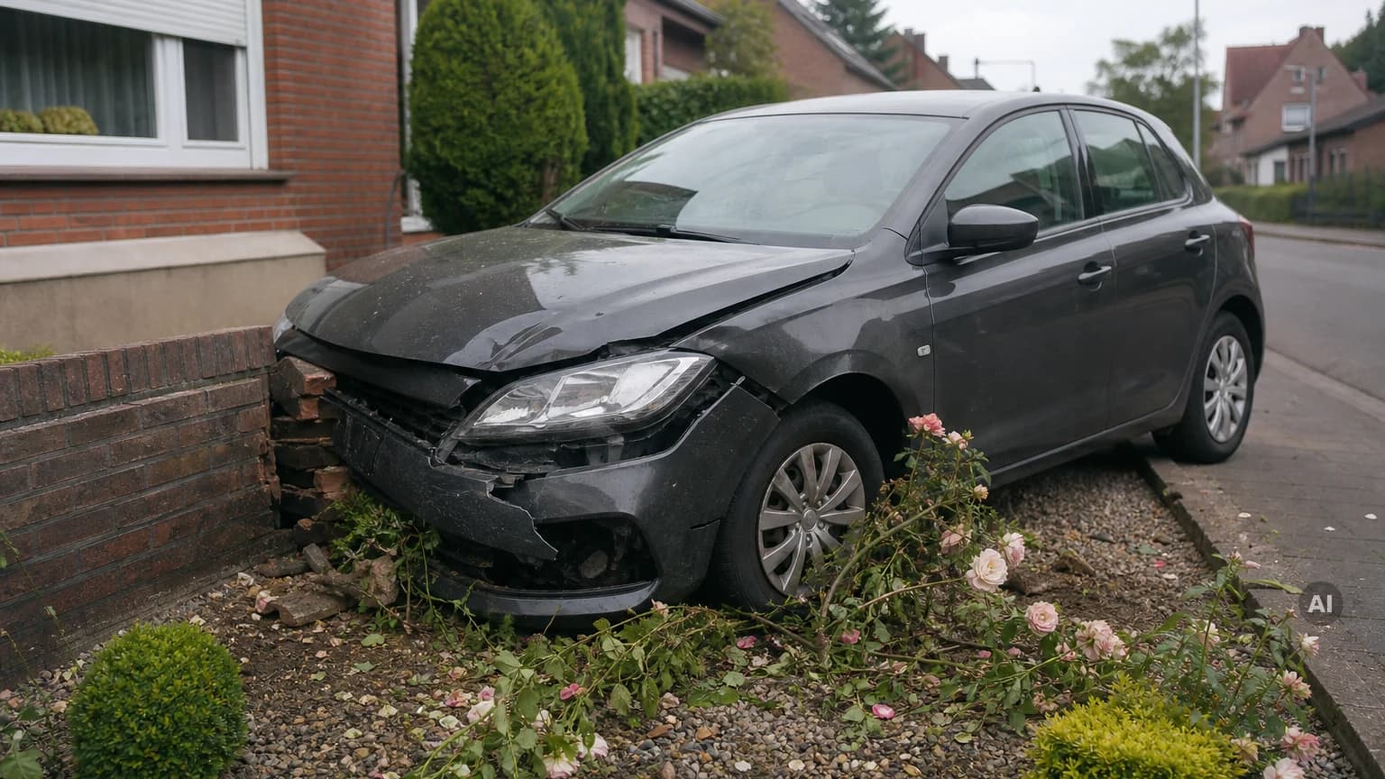 Dunkelgrauer Kleinwagen mit eingedrückter Front an einer Gartenmauer, davor ein überfahrenes Rosenbeet