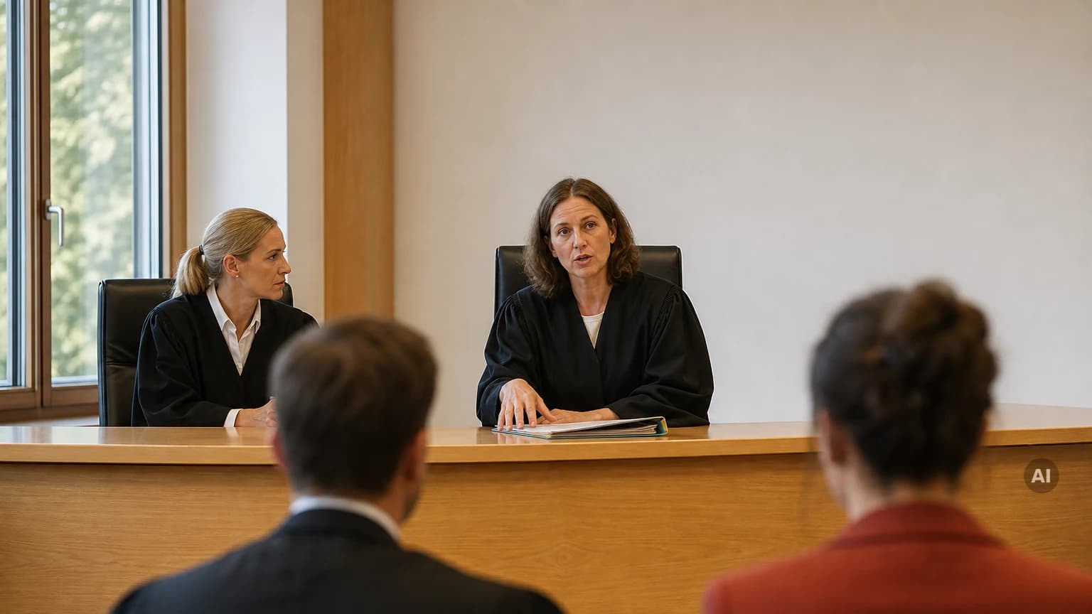 Vorsitzende Richterin spricht an der Richterbank eines Sitzungssaals zur Verteidigerseite