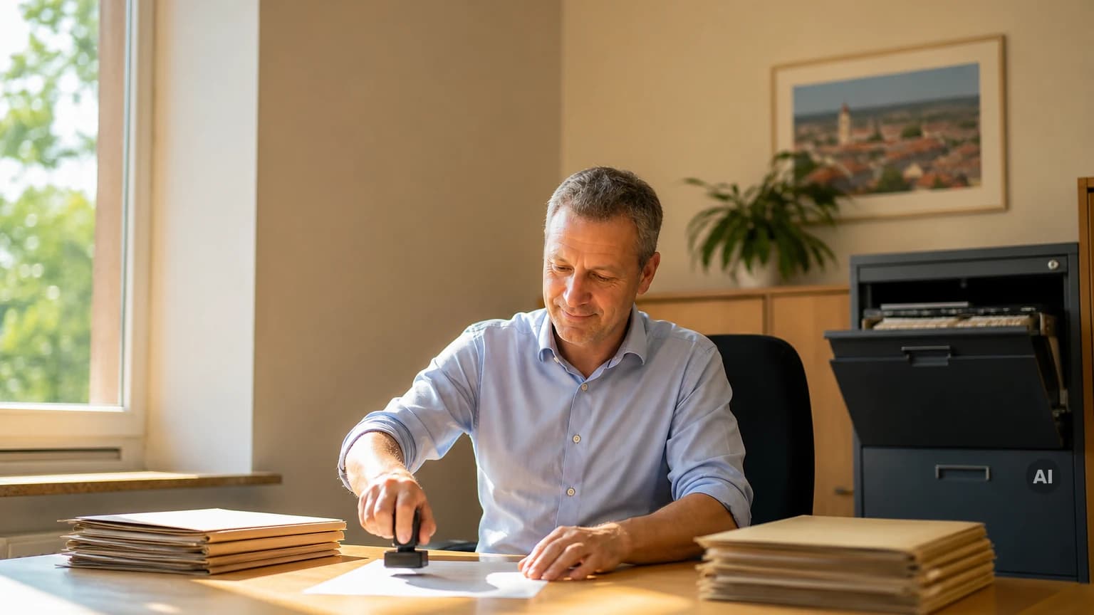 Sachbearbeiter im Amtszimmer stempelt ein Schriftstück auf dem Schreibtisch