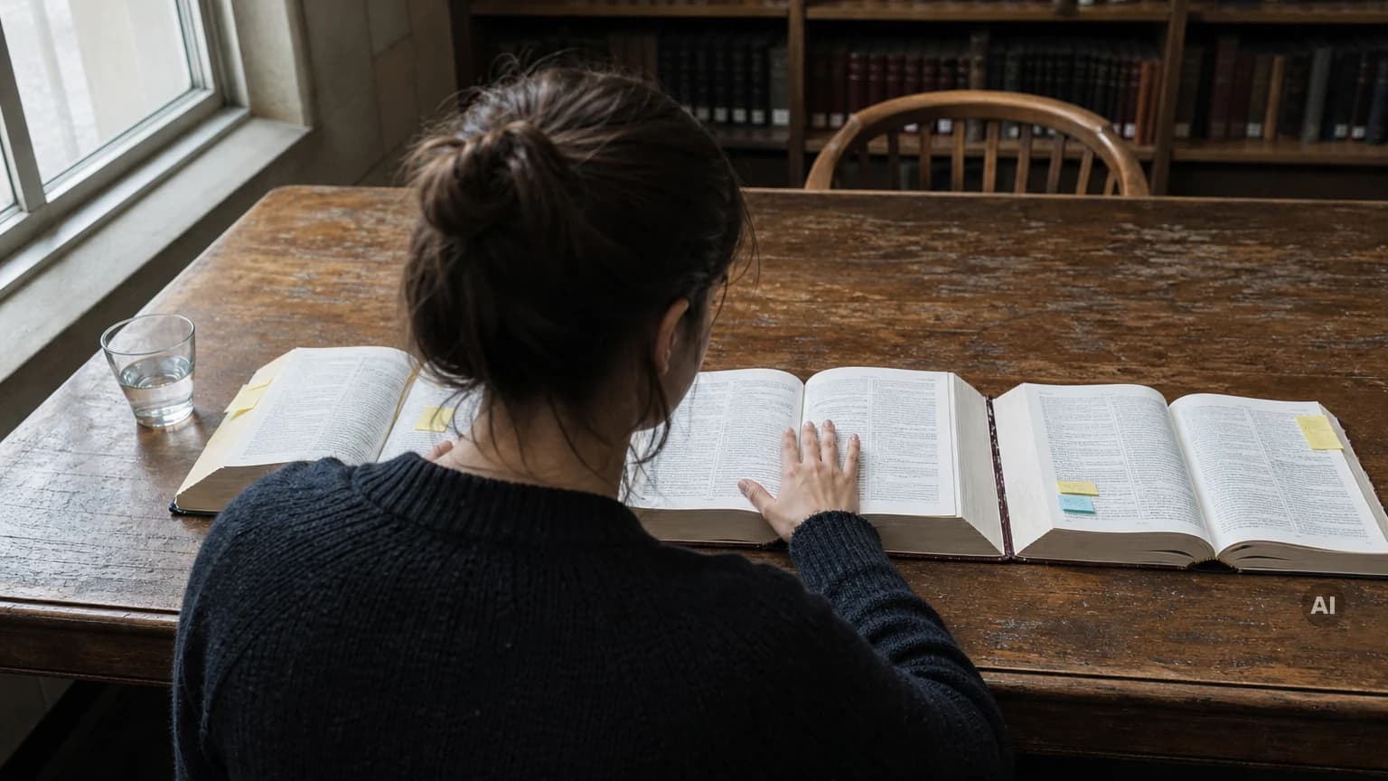 Studentin von hinten an einem Bibliothekstisch mit drei aufgeschlagenen Gesetzbüchern, eine Hand auf dem mittleren Buch