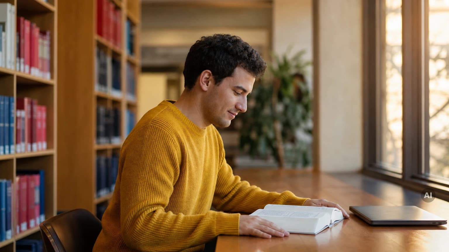 Jurastudent im gelben Pullover liest am Fensterplatz einer Bibliothek in einem Gesetzbuch, der Laptop daneben ist zugeklappt
