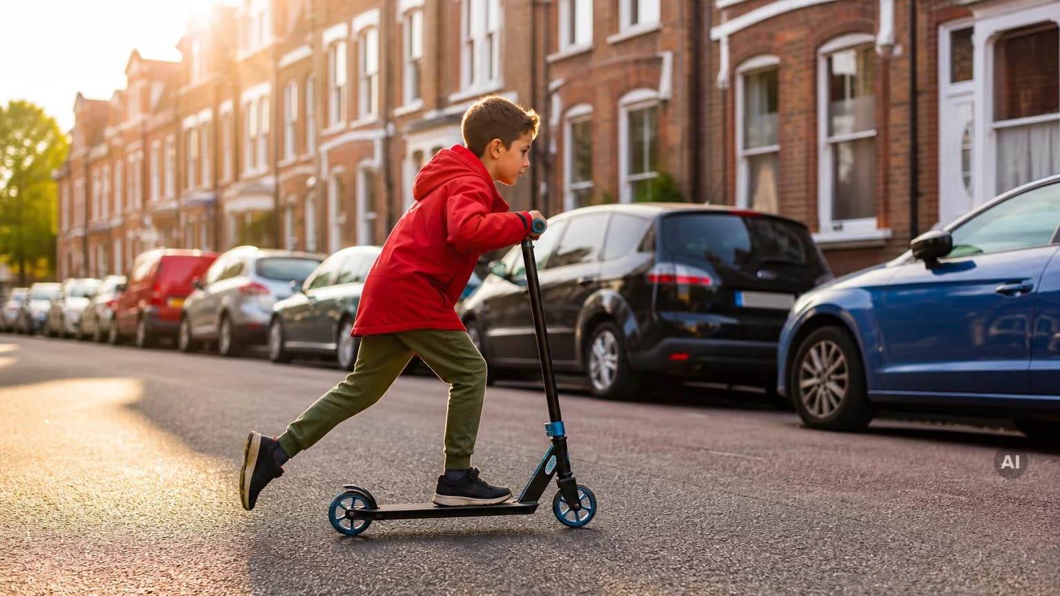 Junge auf einem Tretroller fährt eine Wohnstraße entlang, dicht an einer Reihe geparkter Autos