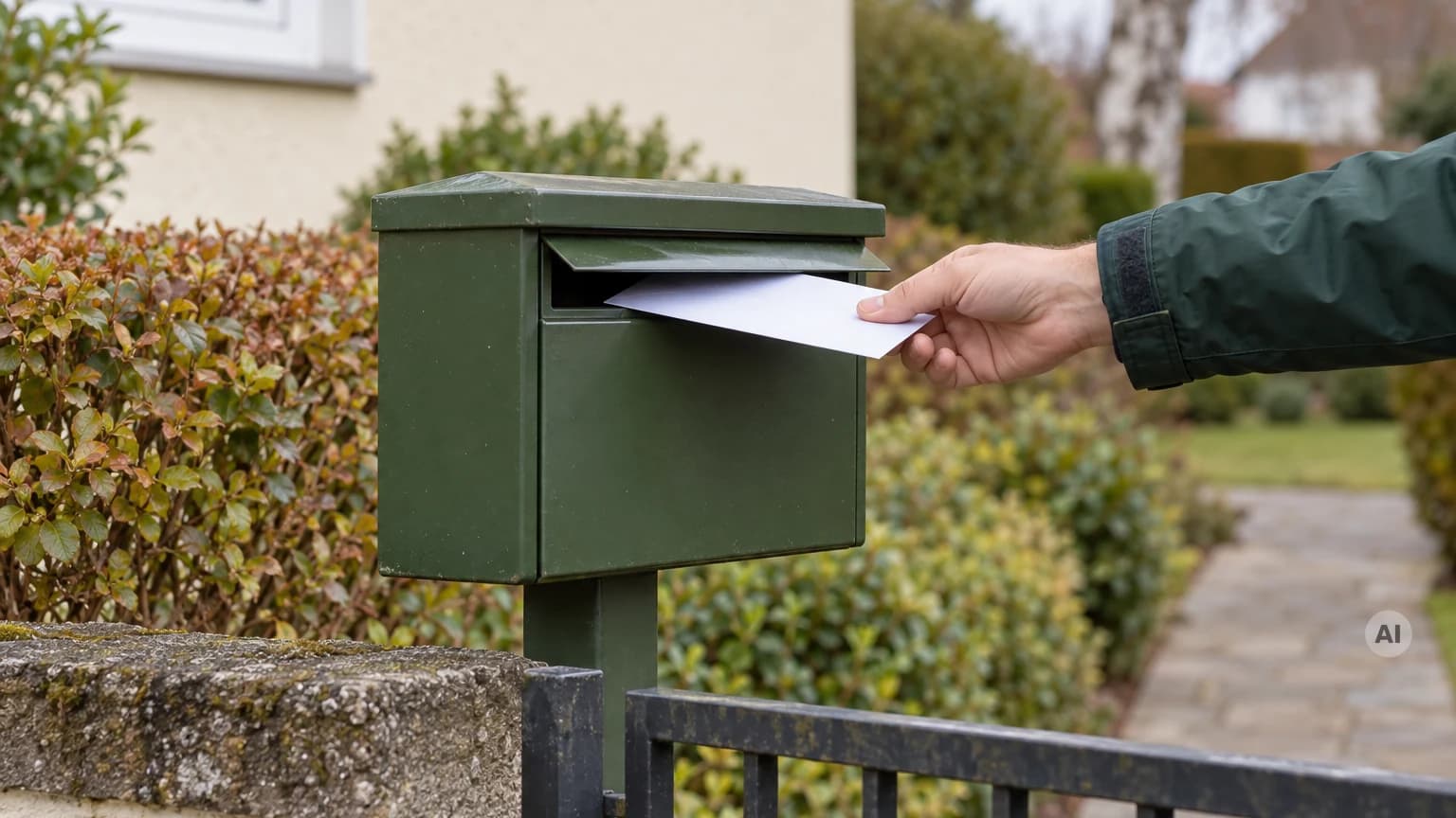 Eine Hand schiebt einen weißen Briefumschlag in einen grünen Hausbriefkasten am Gartentor