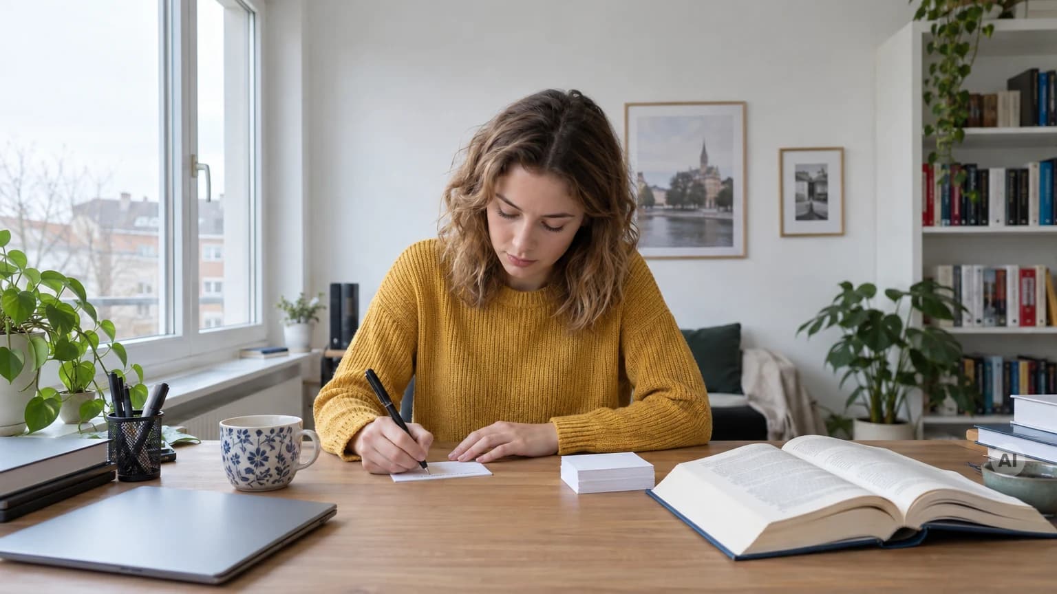 Studentin schreibt eine Karteikarte am Schreibtisch, daneben ein aufgeschlagenes Gesetzbuch