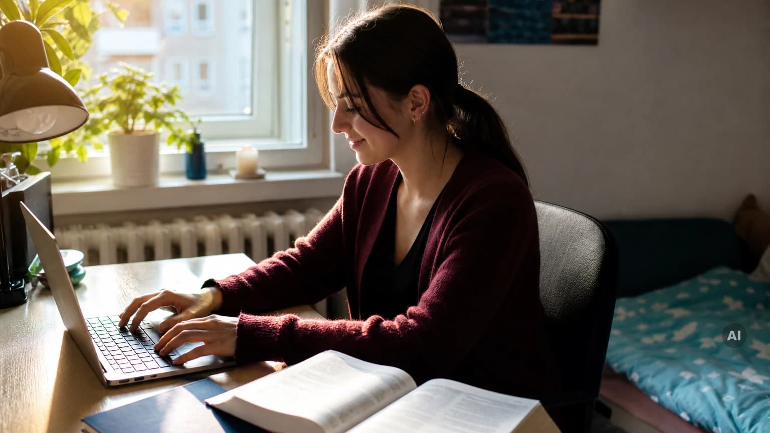 Studentin sitzt morgens am Schreibtisch und tippt am Laptop, daneben liegt ein aufgeschlagenes Lehrbuch unberührt
