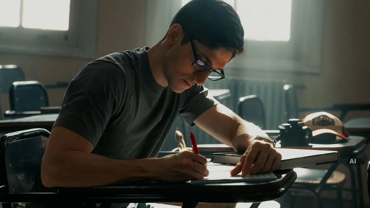 Student sitzt konzentriert schreibend an einem Tisch im hellen Seminarraum
