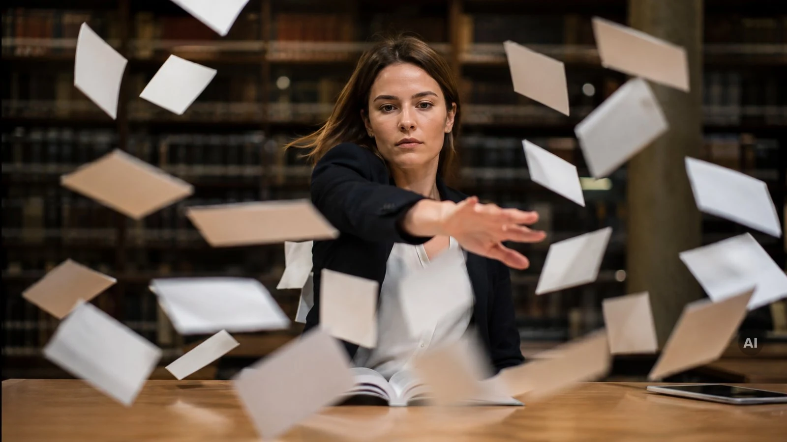 Jurastudentin an einem Bibliothekstisch, umgeben von durch die Luft fliegenden Karteikarten