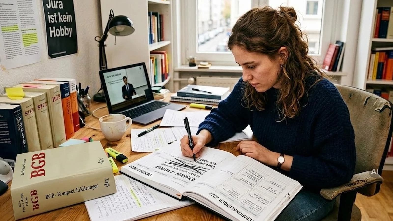 Studentin lernt am Schreibtisch mit BGB, Sinnbild für die Entscheidung, das Staatsexamen zu verschieben
