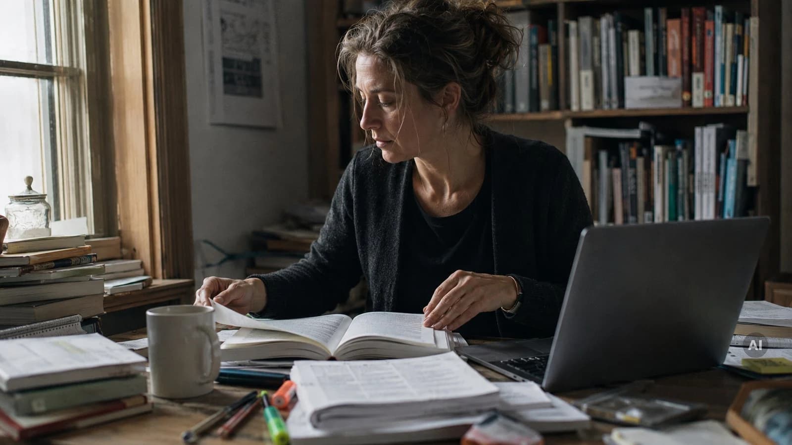 Frau lernt am Schreibtisch mit Laptop und Büchern, Sinnbild für Jura als Zweitstudium