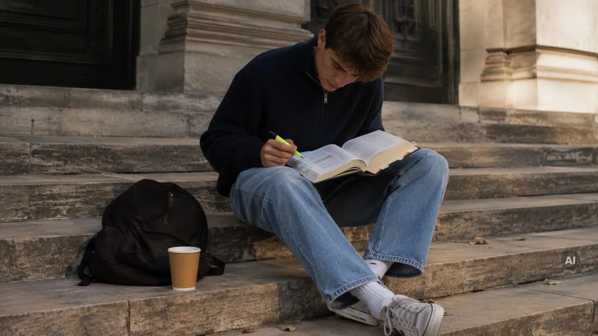 Jurastudent sitzt mit aufgeschlagenem Gesetzbuch und Textmarker auf den Stufen eines Universitätsgebäudes