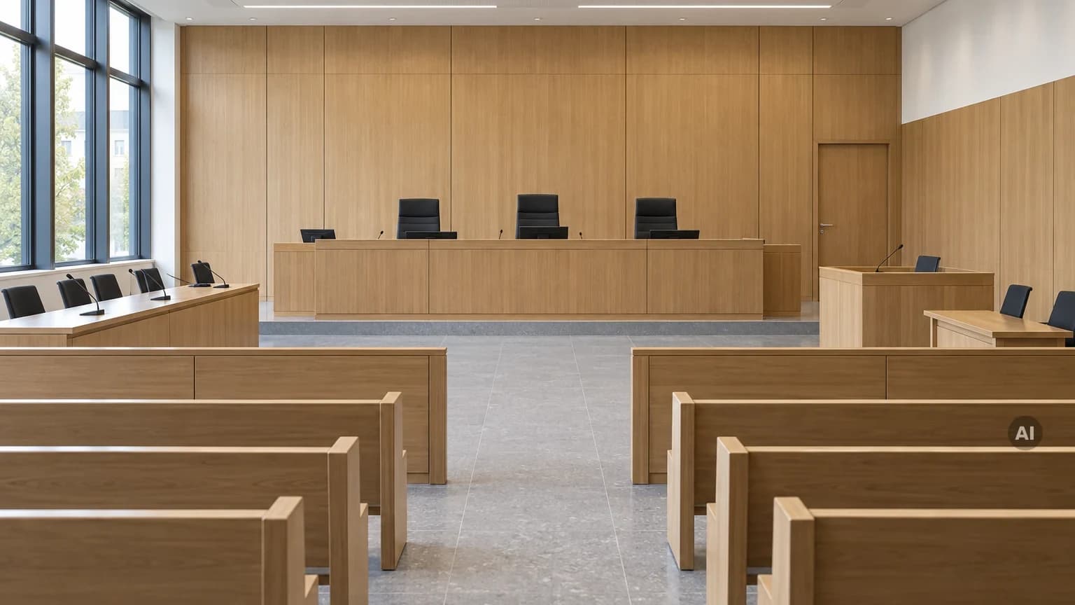 Leerer Sitzungssaal mit Richterbank und Zuschauerreihen aus Holz