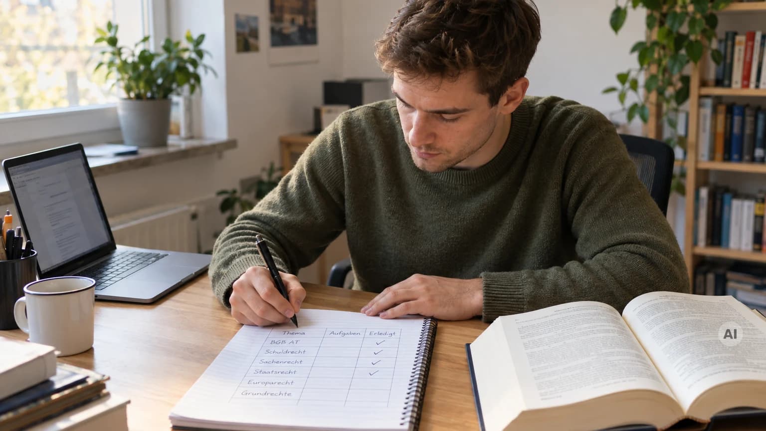 Ein Student sitzt am Schreibtisch und schreibt in ein Heft mit einer abgehakten Themenliste, daneben liegen ein Laptop und ein aufgeschlagenes Gesetzbuch