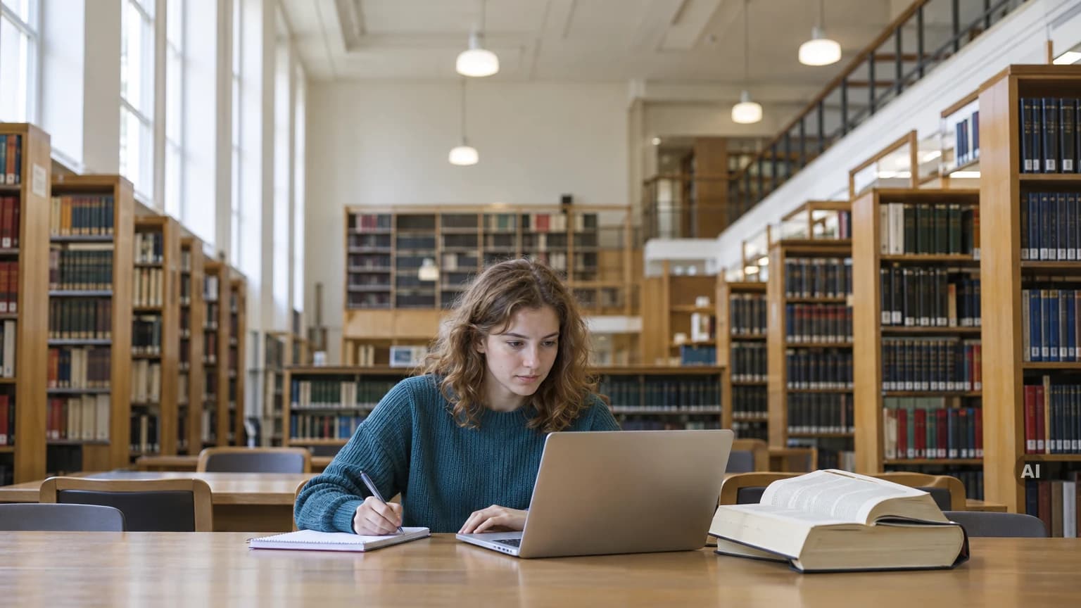 Jurastudentin sitzt mit Laptop und aufgeschlagenen Kommentaren in einer juristischen Bibliothek und macht sich Notizen