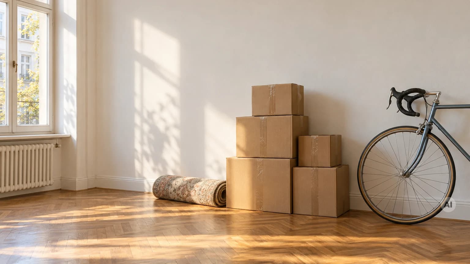 Rennrad lehnt in einer leeren Altbauwohnung neben gestapelten Umzugskartons und einem eingerollten Teppich