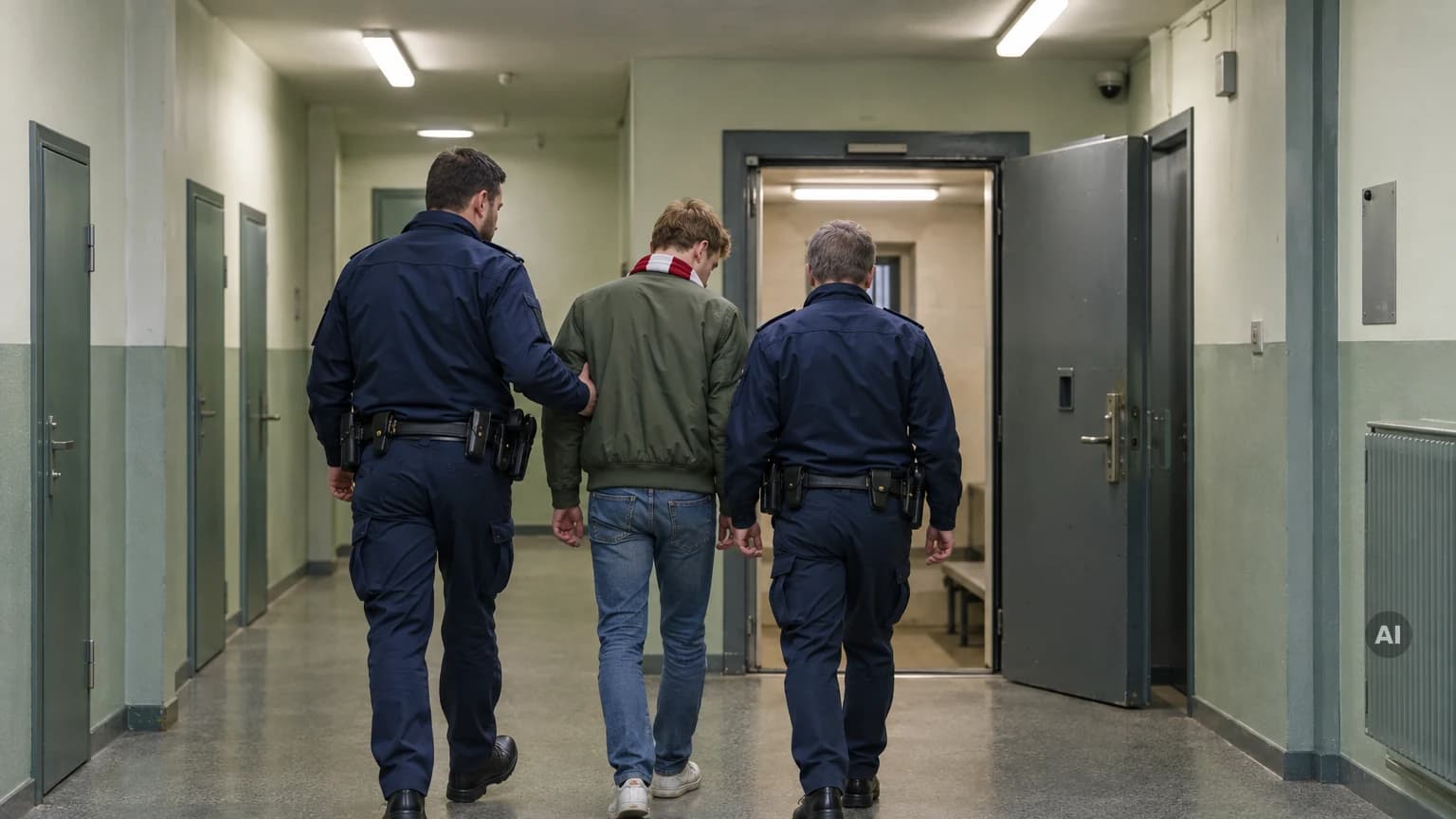 Zwei Polizeibeamte führen einen jungen Mann mit rot-weißem Fanschal durch den Flur einer Polizeidienststelle zur offenen Tür einer Gewahrsamszelle