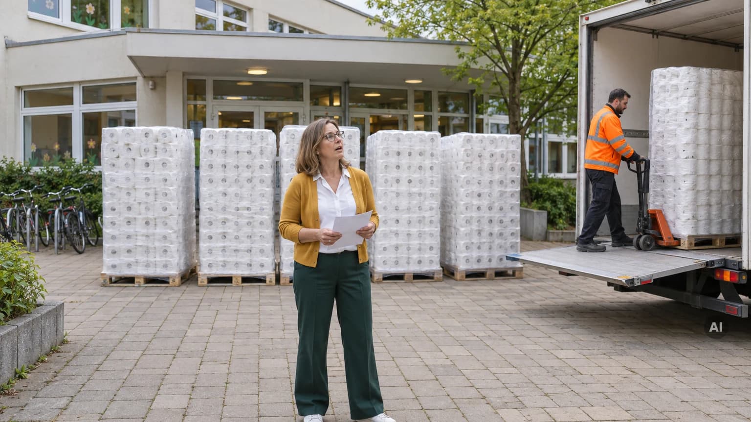 Eine Frau mit Lieferschein steht vor dem Eingang einer Schule und blickt auf mehrere mannshohe Paletten mit eingeschweißtem Toilettenpapier, ein Fahrer lädt eine weitere Palette vom Lkw.