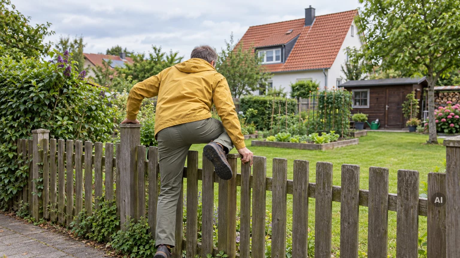 Mann in gelber Jacke steigt von hinten gesehen über einen Holzlattenzaun in einen fremden Garten