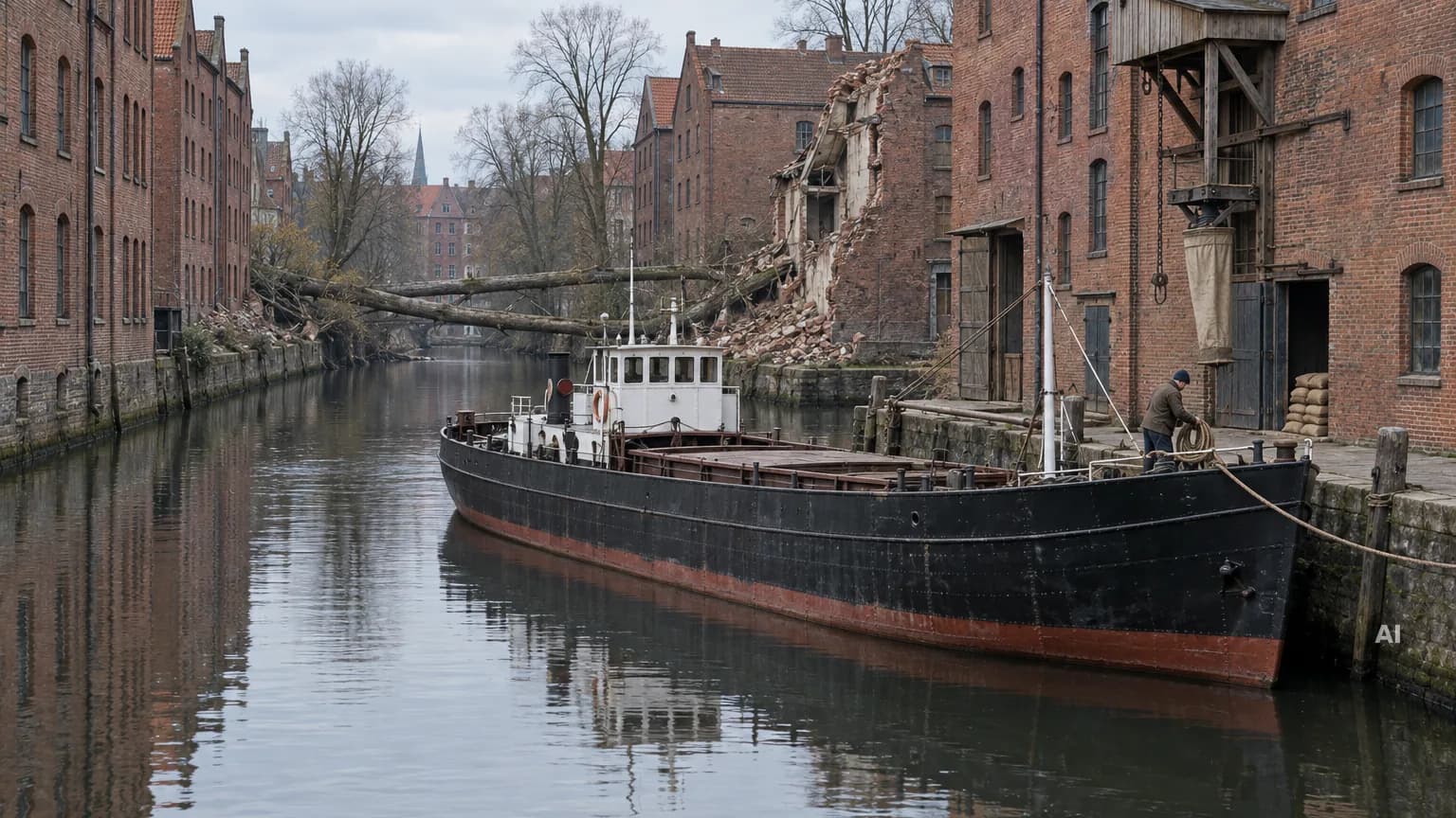 Altes Motorschiff liegt an der Verladestelle einer Backsteinmühle in einem engen Kanal, dahinter sperren zwei Baumstämme vor einer eingestürzten Hauswand das Wasser