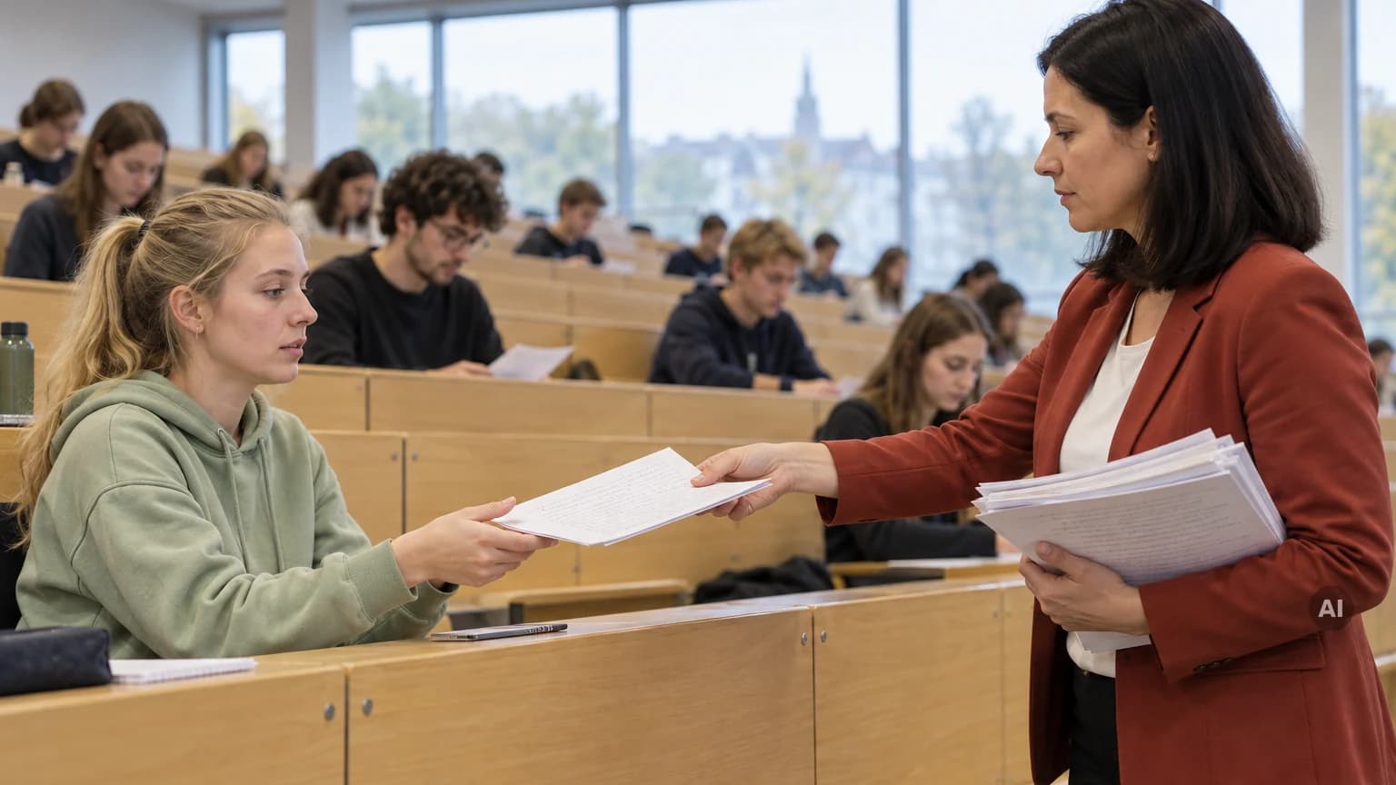 Dozentin gibt einer Studentin im Hörsaal die korrigierte Klausur zurück
