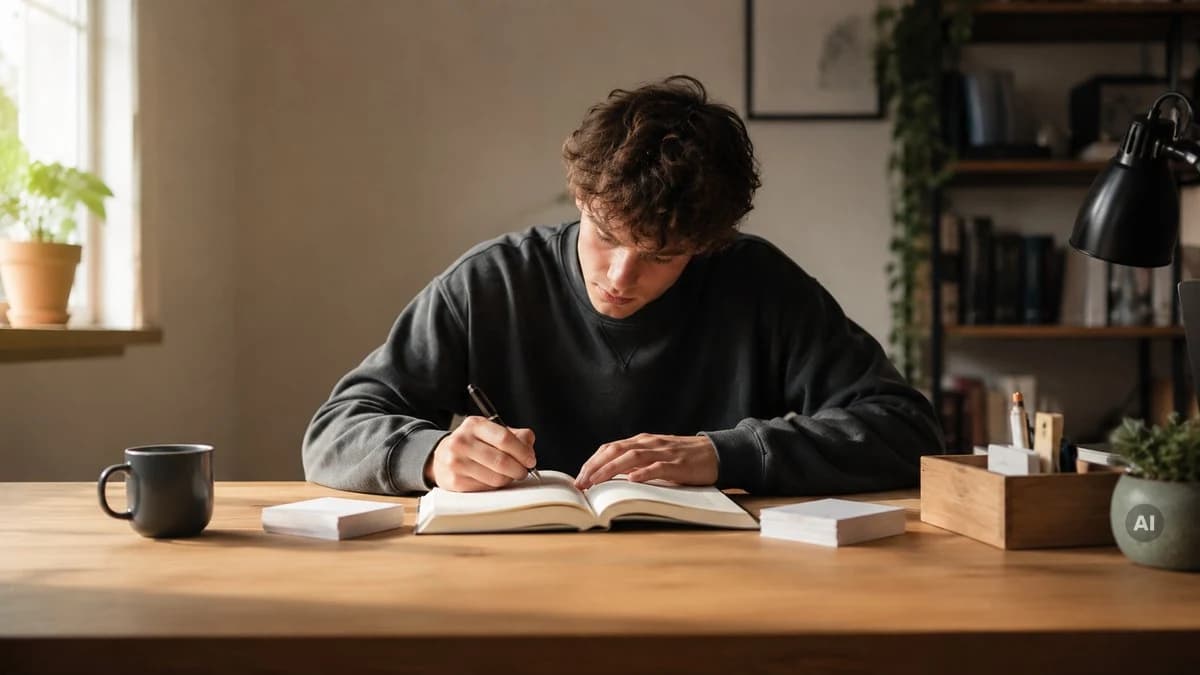 Ein Student schreibt konzentriert in ein aufgeschlagenes Buch, daneben liegen Stapel von Karteikarten auf dem Schreibtisch.