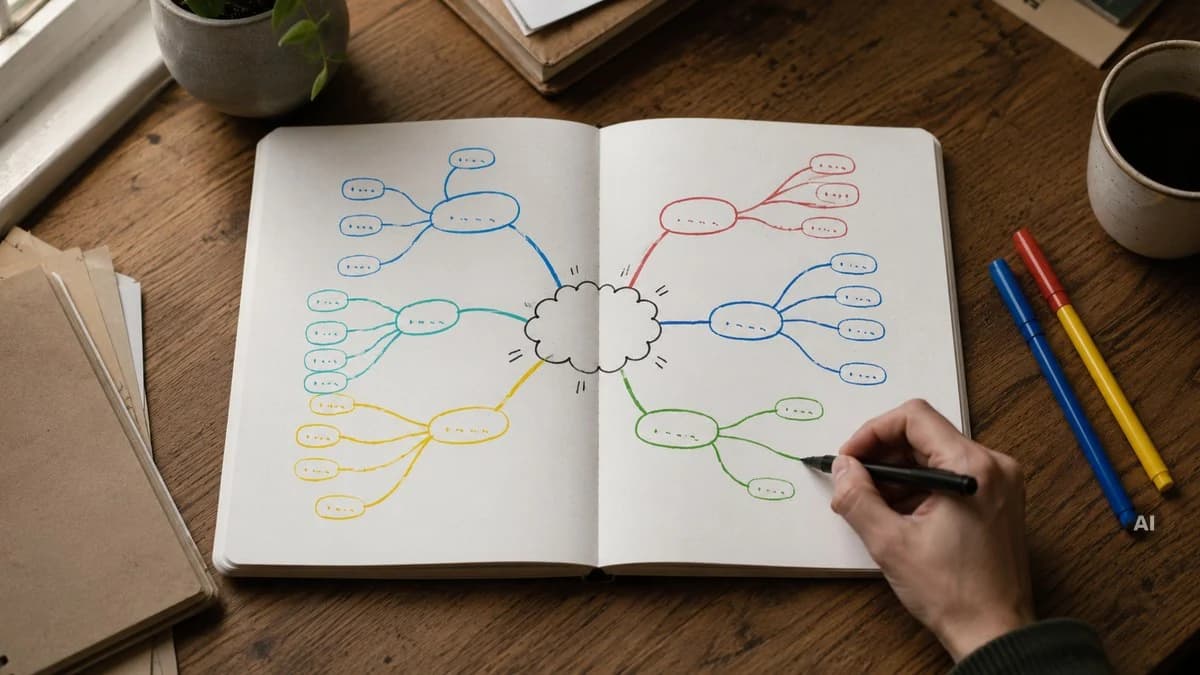 Bunte handgezeichnete Mindmap in einem Notizbuch, daneben Marker und eine Hand mit Stift.