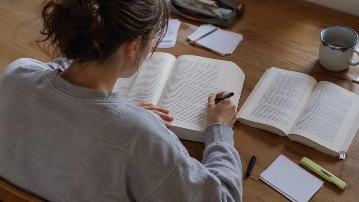 Studentin von hinten am Holztisch, sie schreibt mit einem Stift eine Notiz in ein aufgeschlagenes Buch, daneben ein zweites Buch, Karteikarten und eine Tasse