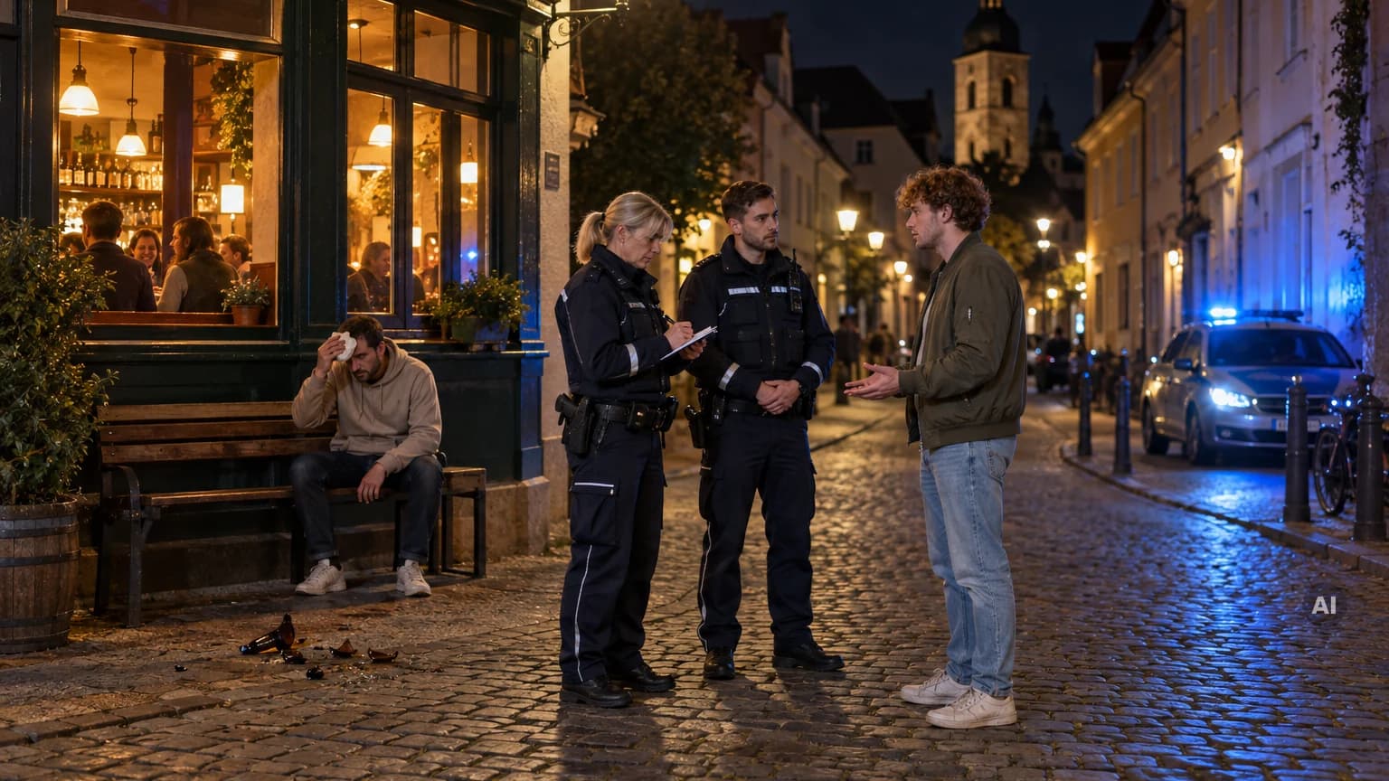 Zwei Polizeibeamte nehmen nachts vor einer Kneipe die Personalien eines jungen Mannes auf, im Hintergrund sitzt ein Mann mit Kühlpack an der Stirn auf einer Bank