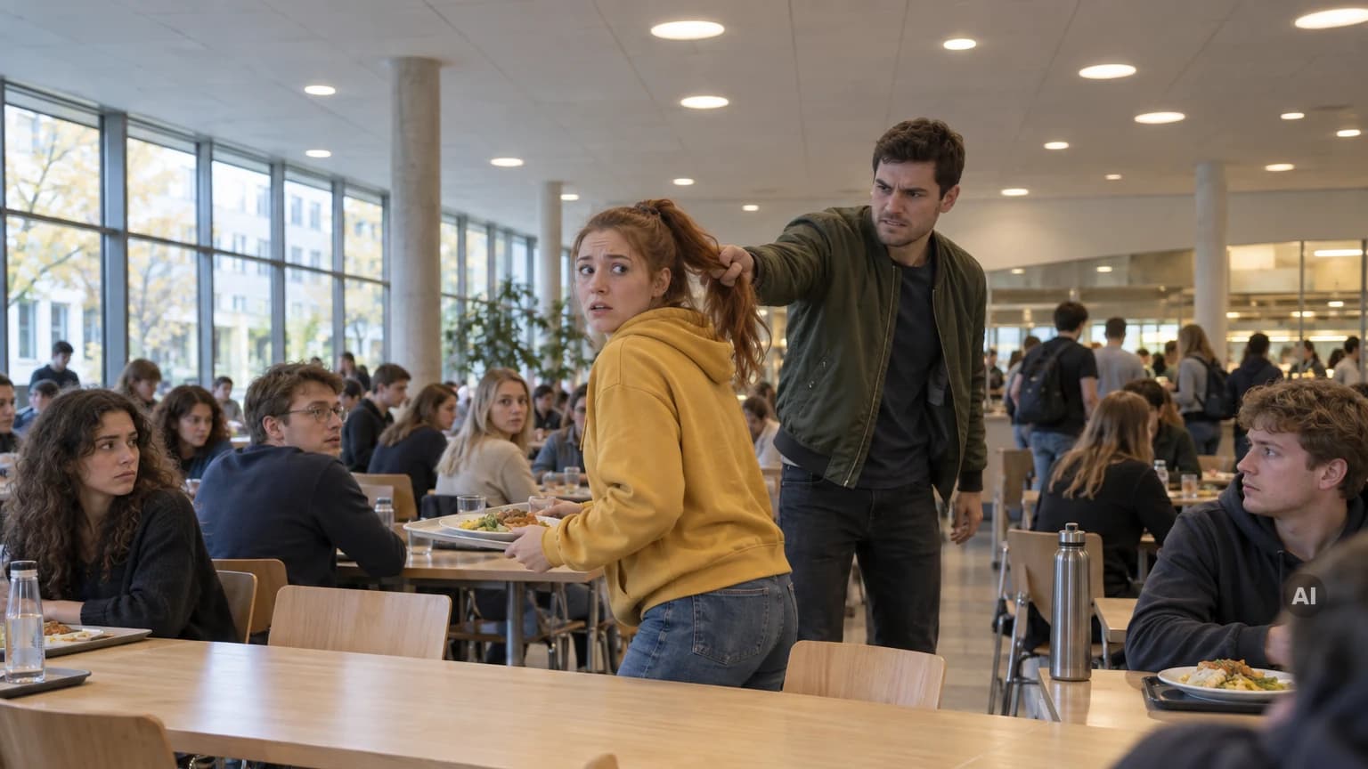 In einer vollen Mensa greift ein junger Mann einer Studentin im gelben Hoodie von hinten in den Pferdeschwanz, während sie ihr Tablett hält