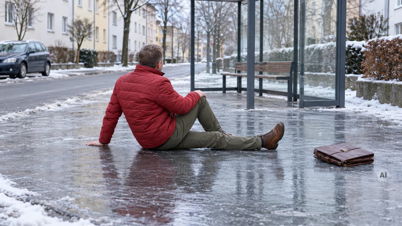 Mann in roter Winterjacke sitzt nach dem Ausrutschen auf dem vereisten Gehweg vor einem Bushaltestellen-Wartehäuschen, daneben seine Aktentasche