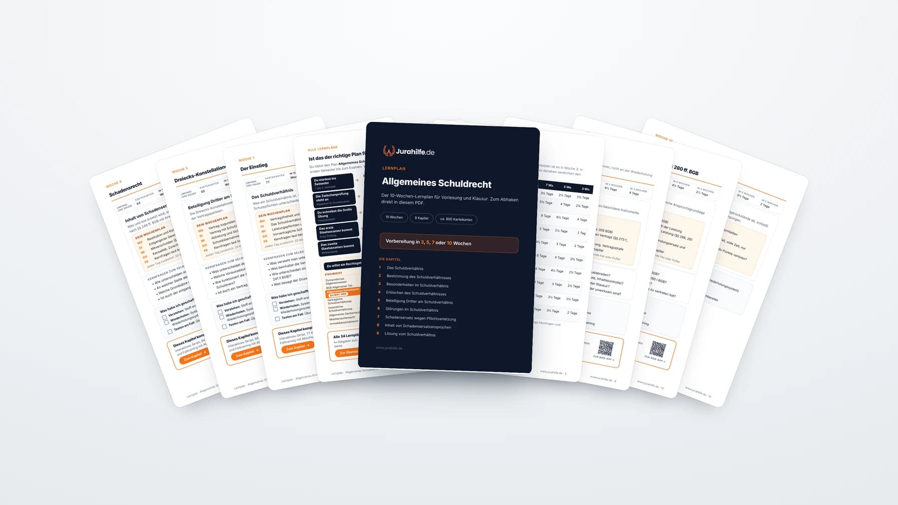 Aufgefächertes Lernplan-Heft Allgemeines Schuldrecht mit dunklem Titelblatt und hellen Wochenseiten dahinter