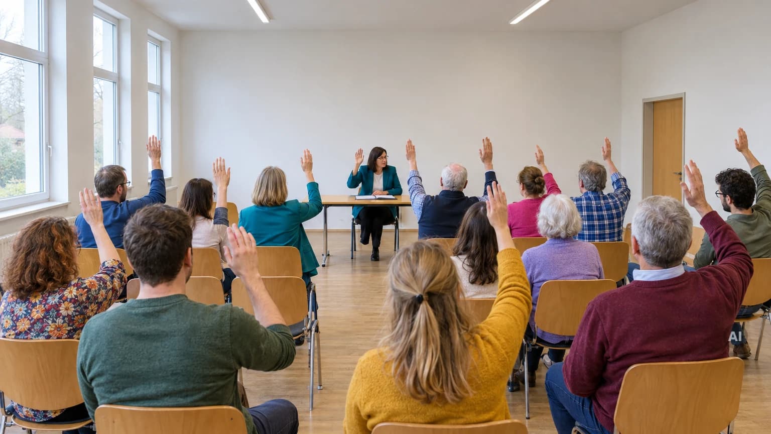 Mitglieder einer Vereinsversammlung stimmen mit erhobener Hand ab