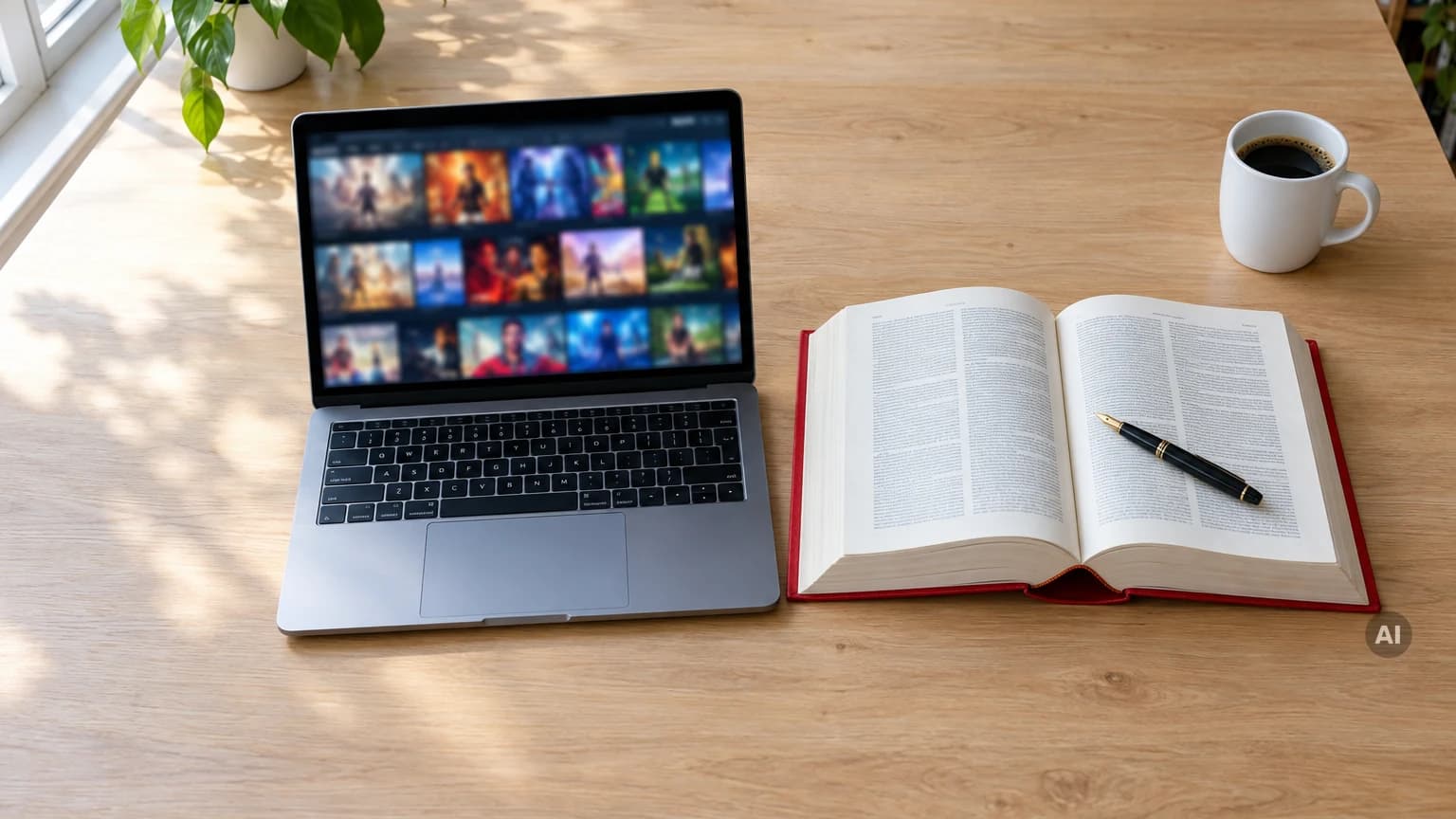 Schreibtisch mit aufgeklapptem Laptop, der eine Streaming-Startseite zeigt, daneben ein aufgeschlagenes Gesetzbuch