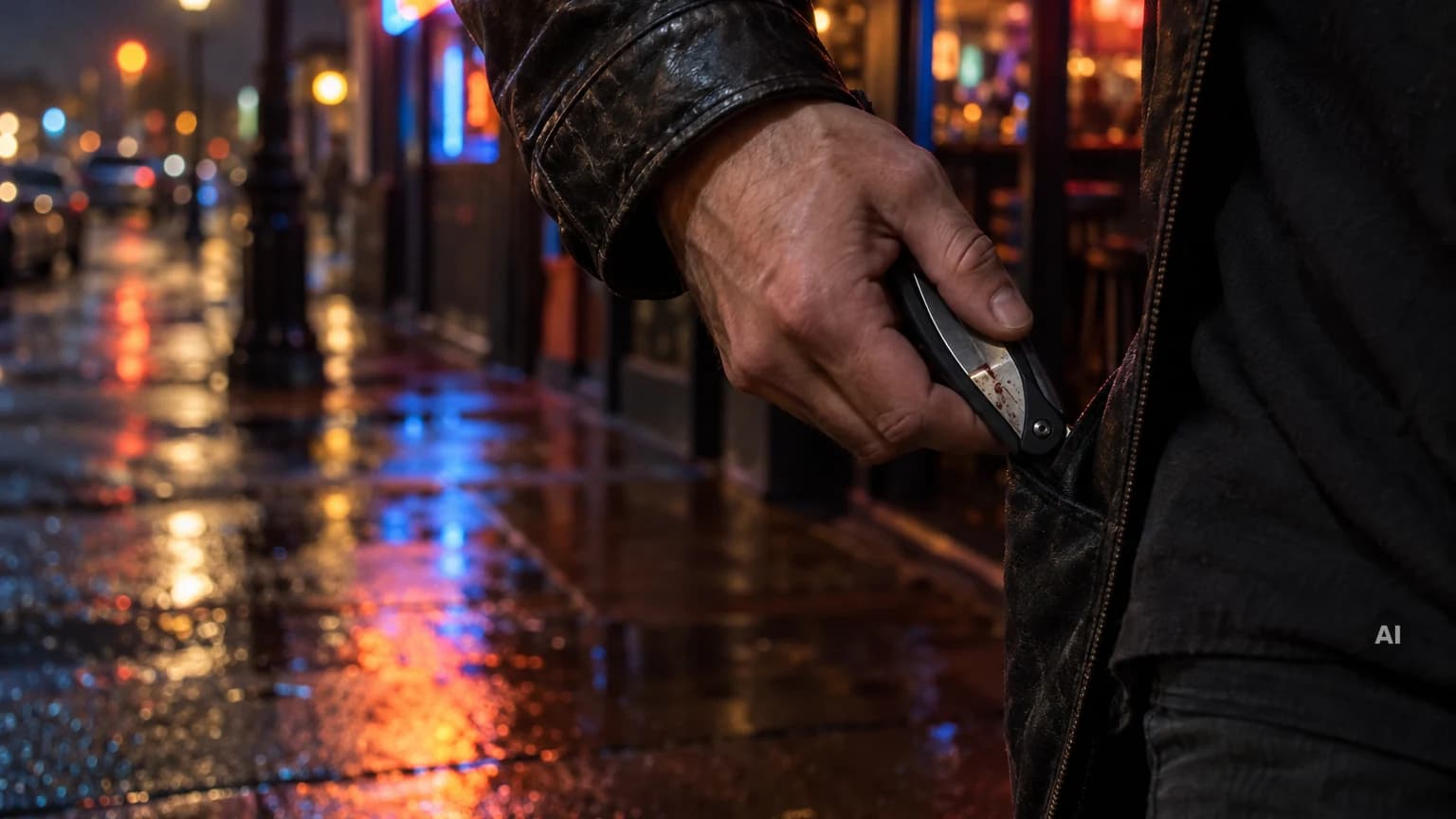 Hand steckt nachts vor einer Bar ein blutverschmiertes Klappmesser in die Jackentasche