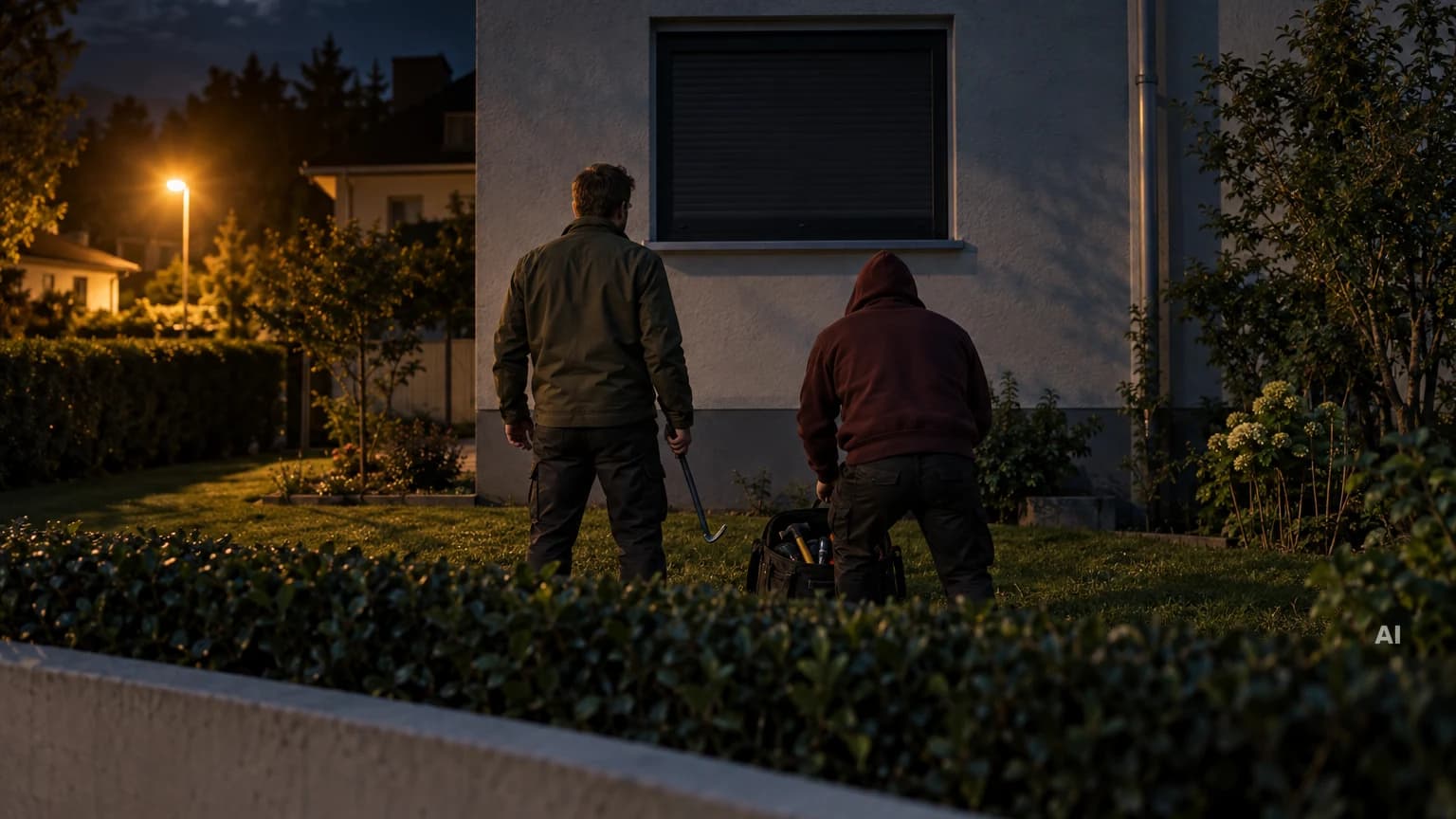 Zwei Männer mit Brecheisen und Werkzeugtasche stehen nachts im Garten vor einem dunklen Fenster