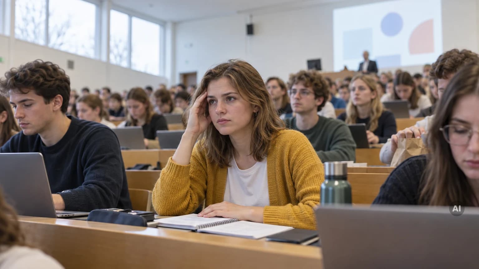 Studentin in gelber Strickjacke sitzt in einer vollen Hörsaalreihe zwischen Laptops und hält sich die Hand an die Schläfe