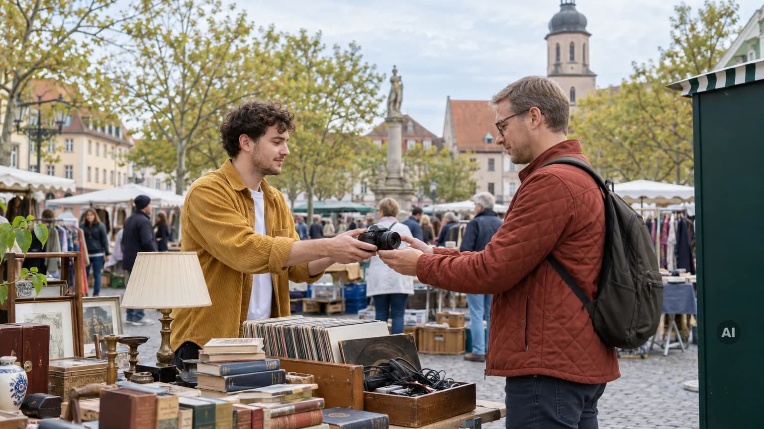 Verkäufer reicht einem Käufer an einem Flohmarktstand eine Systemkamera über den Tisch