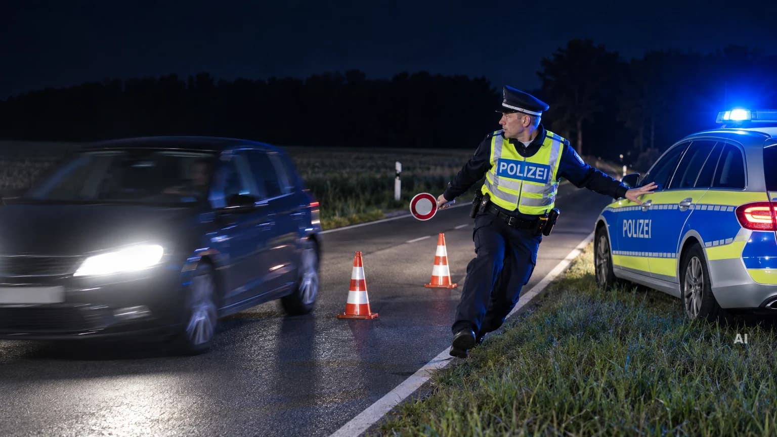 Polizeibeamter in Warnweste springt nachts an einer Kontrollstelle auf einer Landstraße zur Seite, während ein dunkles Auto mit Scheinwerfern an ihm vorbeifährt